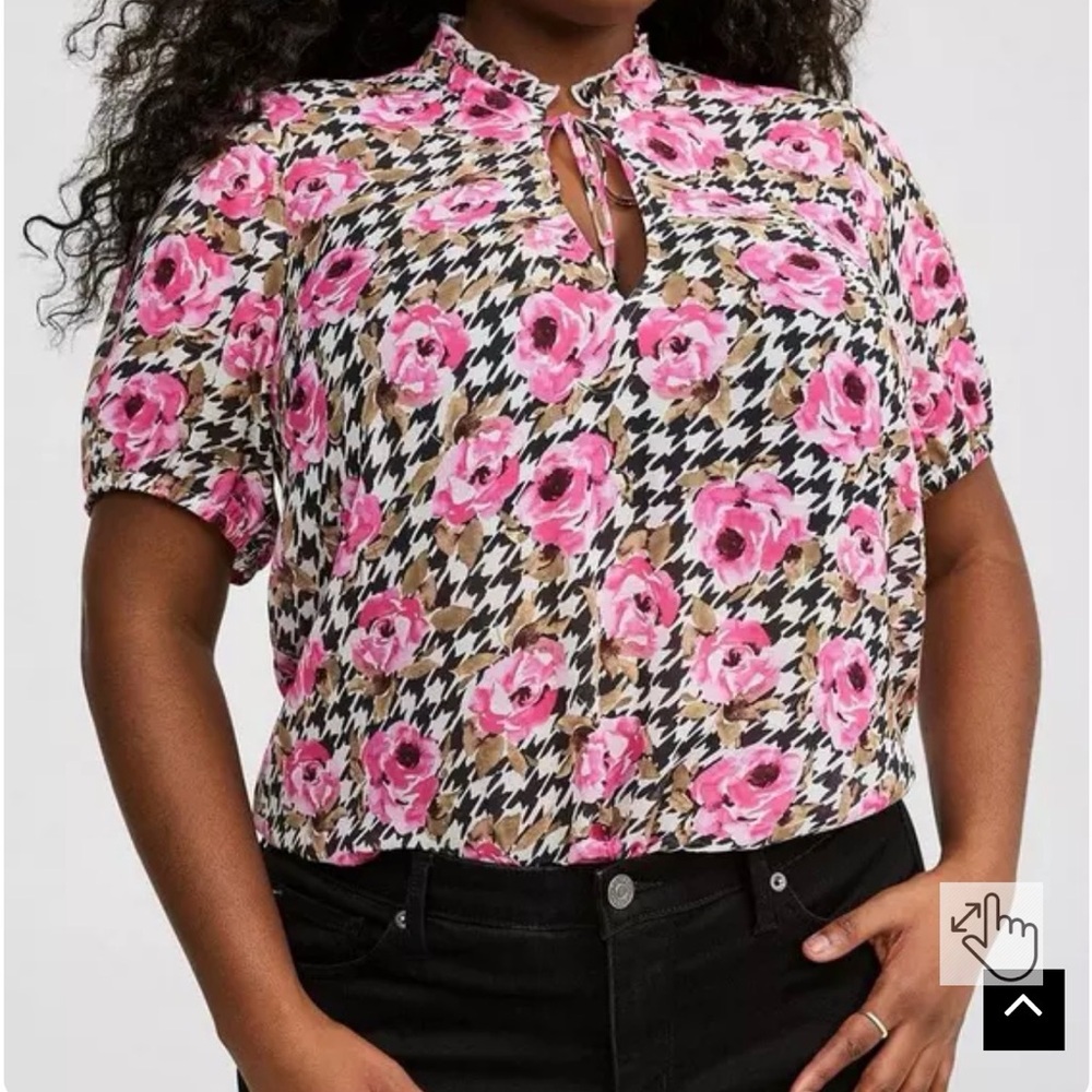 Elegant Pink Floral Houndstooth Blouse